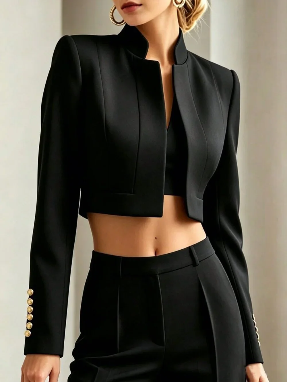 Black Casual Women's Elegant Minimalist Formal Cropped Stand Collar Jacket